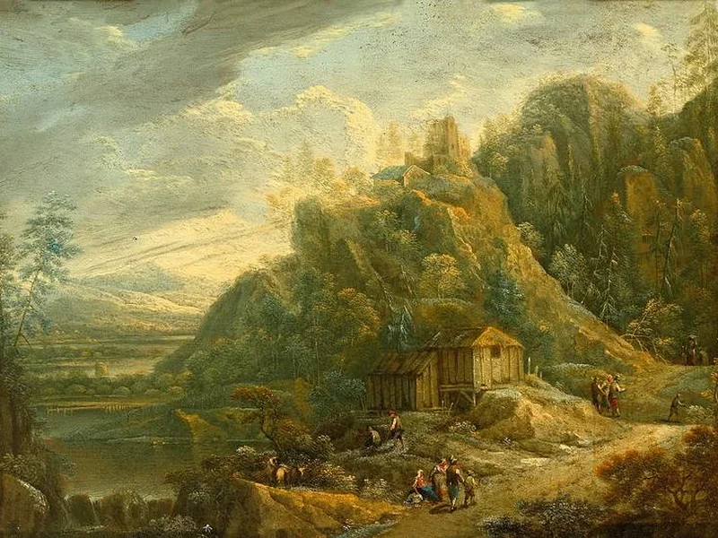 1747-Johann Friedrich Alexander Thiele - Paesaggio fluviale pittoresco con colline in rovina, un vecchio mulino e numerose figure